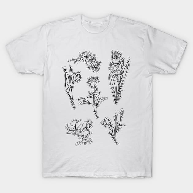 Black and white Spring Flowers set, Art Nouveau flower pattern, nature, Tulip, Iris, Cherry Blosom, Primrose, Pastel, Watercolor style T-Shirt by SSINAMOON COVEN